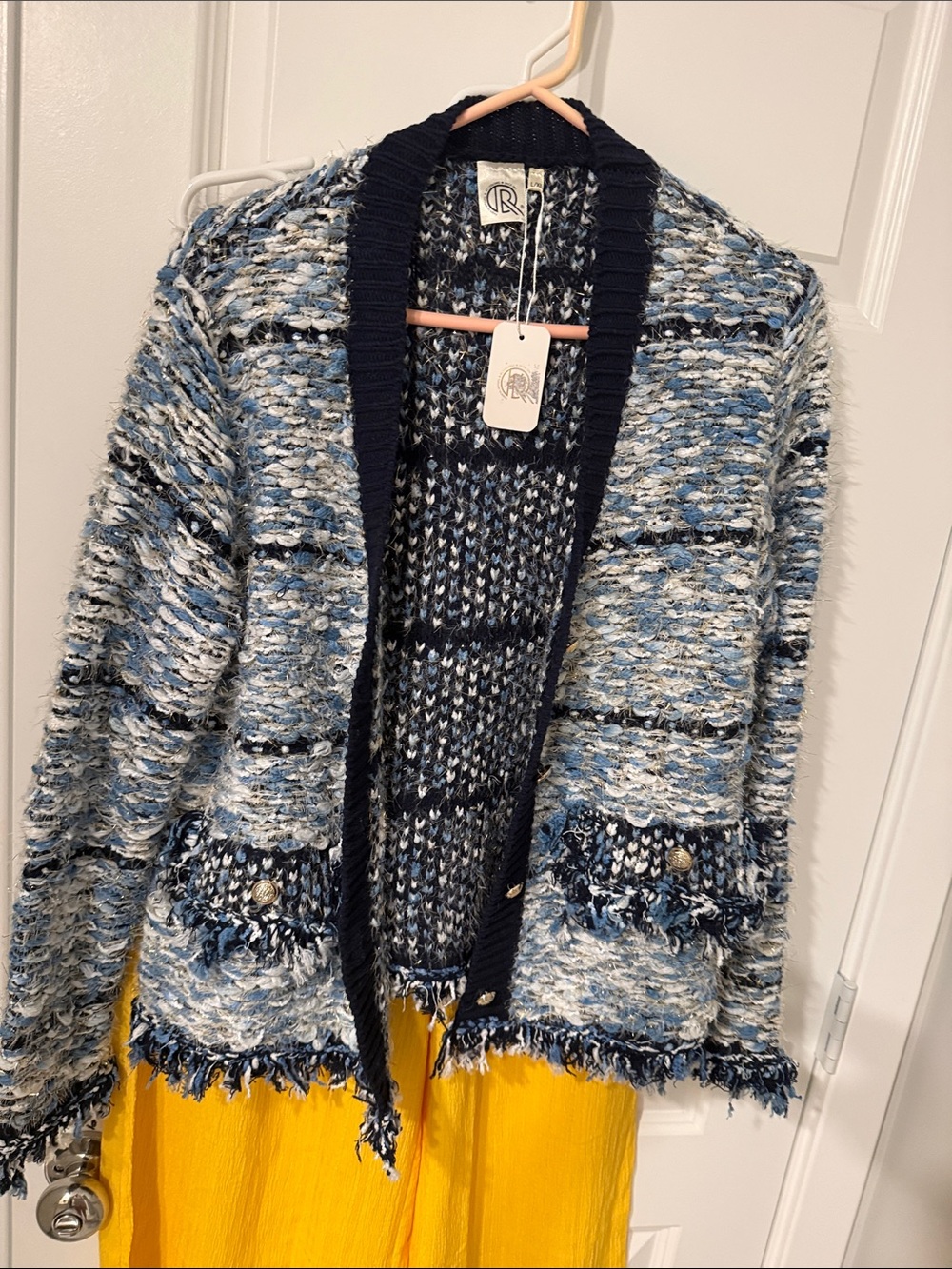 Rolled Edge Bouclé Cardigan Sweater Blue White Silver buttons pockets Fringe NWT